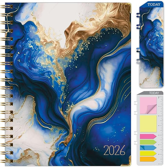 HARDCOVER 2026 Planner, 8.5"x11": 14 Months (November 2025 - December 2026), Daily Weekly Monthly Planner, Yearly Agenda, Bookmark, Pocket Folder and Sticky Note Set (Dark Blue Marble)