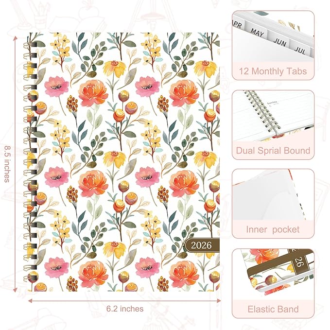 2026 Planner, Weekly and Monthly Calendar Book Planner, Agenda 2026 from January to December, Academic Planning for School, Offices Supplies, Painted Flowers