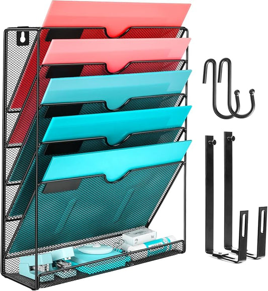GALASALA Wall File Organizer, 6 Pockets Mesh Hanging File Organizer, Wall Mount File Holder With Hooks, Wall Organizer Magazine Rack for Office Supplies, Black