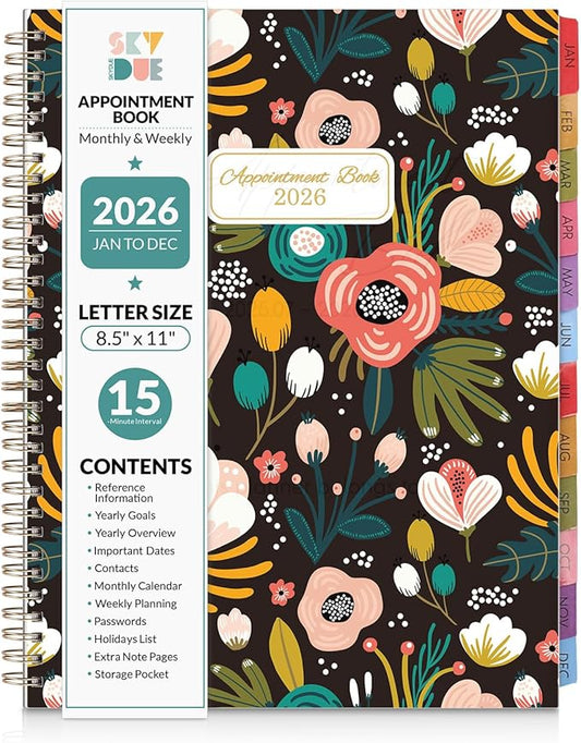 SKYDUE 2026 Appointment Book, 8.5" x 11", Hourly Planner with 15 & 30-Minute Increments, Weekly & Monthly Planner for January - December 2026, Perfect for Daily Planning, Flower