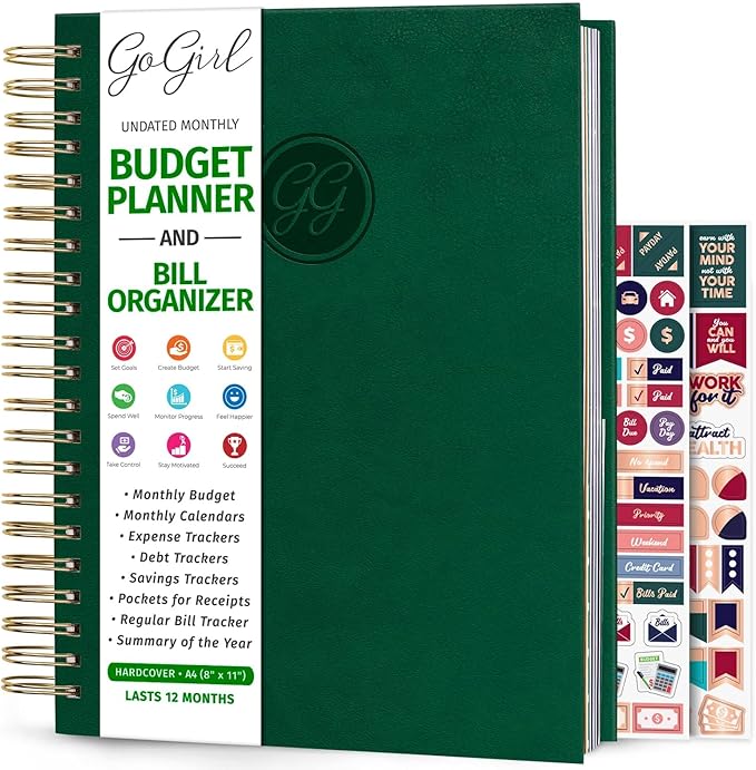 GoGirl Budget Planner & Monthly Bill Organizer – Monthly Financial Book with Pockets. Expense Tracker Notebook Journal, Large (Dark Green)