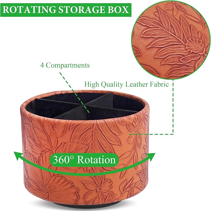Hennaja Round Leather Art Supply Organizer,Remote Control Holder,360 Degree Spinning,Multi-Functional Pencil Holder,4 Compartments Desktop Stationary Organizer(1-Carved Brown)