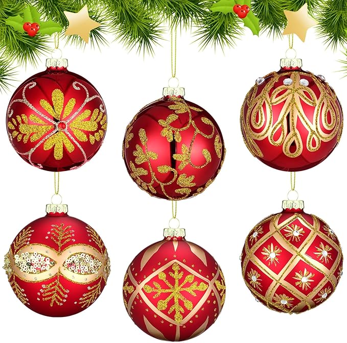 6 Pcs 3.15 Inch Glass Luxury Christmas Ball Red and Gold Ball Ornaments Glass Christmas Tree Decorations Luxury Hanging Ornaments for Xmas Tree Party Holiday Decor