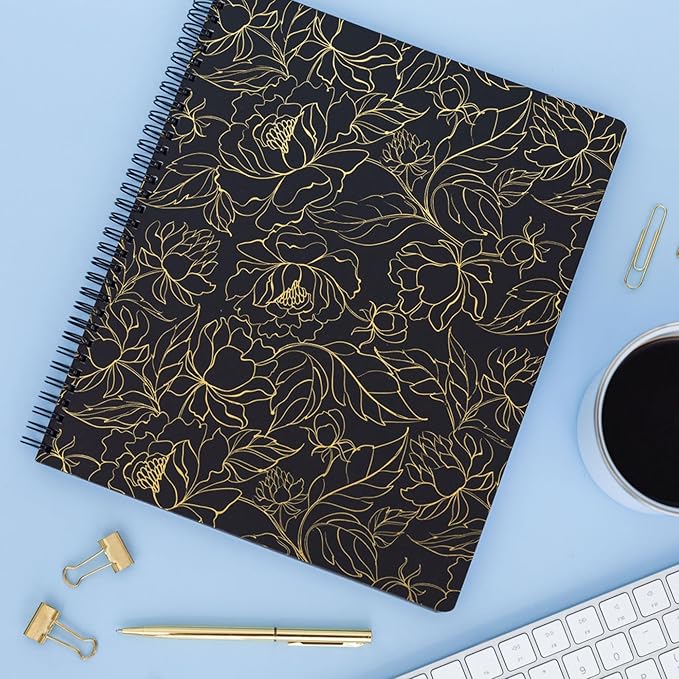 Steel Mill & Co Cute Large Spiral Notebook College Ruled, 11" x 9.5" with Durable Hardcover and 160 Lined Pages (Gold Floral)