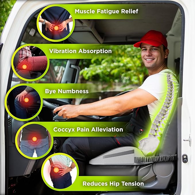Large Truck Seat Cushion for Truck Driver Seat Cushion - Upgraded Back Support, CertiPUR-US® Certified - Thick Memory Foam, Pain Relief for Hours of Driving, Trucker Approved Big Rig - Gray