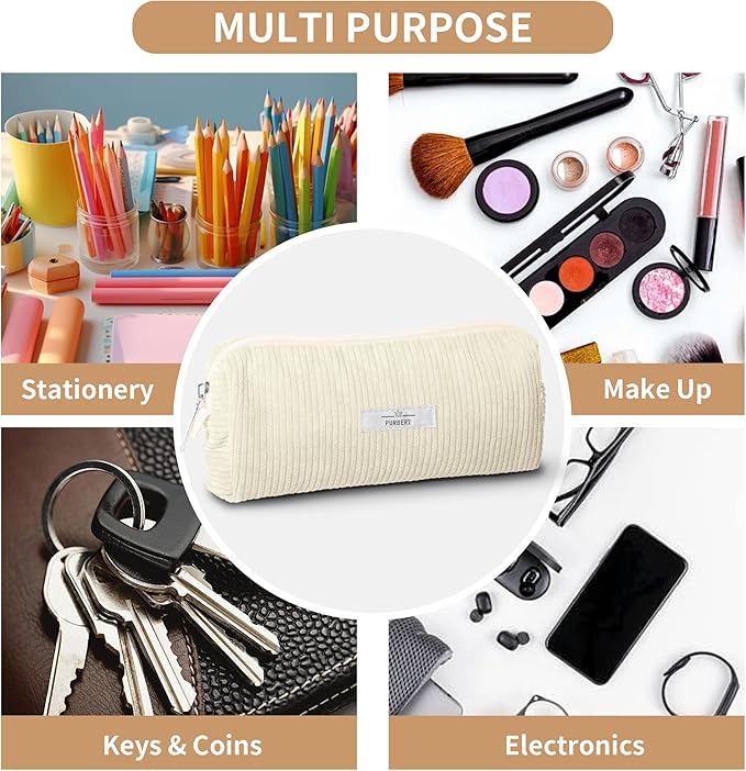 Pencil Bag Pen Case, Soft Corduroy Small Pencil Pouch Organizer with Zipper, Cute Pencil Case Pouch Stationery for Girls and Boys – White