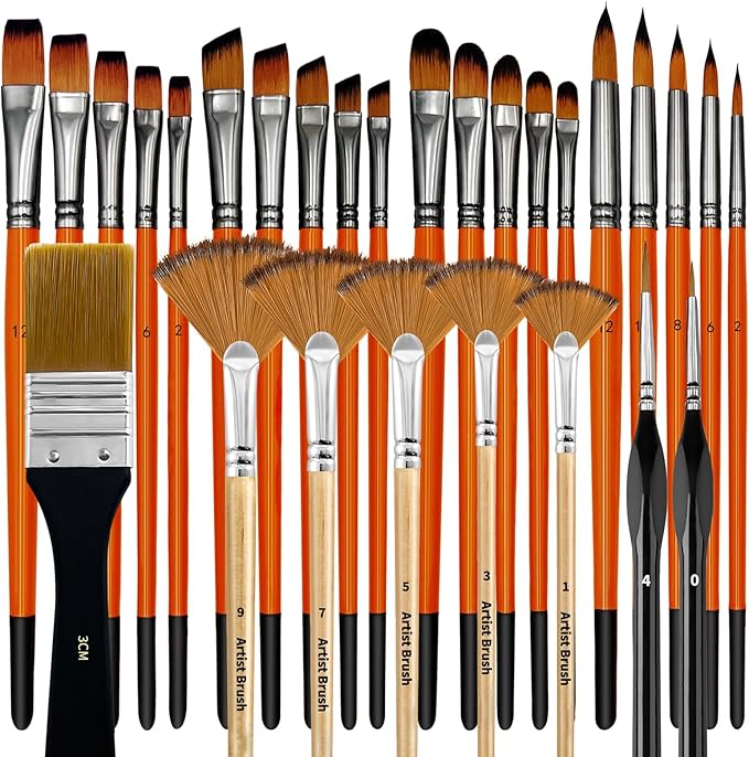 Bougimal 28 Pcs Paint Brushes for Acrylic Painting, Premium Nylon Bristles with Round, Filbert, Flat, Fan, Angle, Fine Detail Brush, Paint Brush Set for Acrylic, Oil, Watercolor