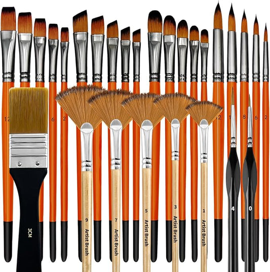 Bougimal 28 Pcs Paint Brushes for Acrylic Painting, Premium Nylon Bristles with Round, Filbert, Flat, Fan, Angle, Fine Detail Brush, Paint Brush Set for Acrylic, Oil, Watercolor