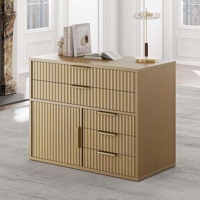 Fluted File Cabinet with 5 Drawers, Large Storage with Cabinet Door, Mobile Filing Cabinet with Locable Wheels for Home Office, Light Walnut