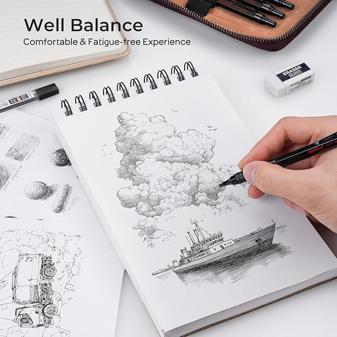 Nicpro 20PCS Black Metal Mechanical Pencil Set in Leather Case, Drafting Pencil 0.3, 0.5, 0.7, 0.9 mm & 2mm Lead Holders, 9 Tube (4B 2B HB 2H Colors) Lead Refills, Erasers For Art Sketching Drawing