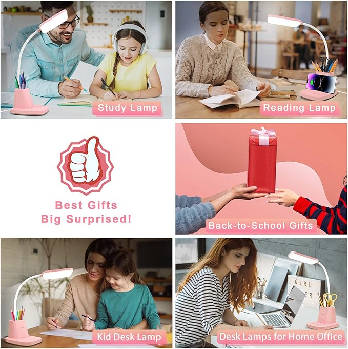 Sailstar Pink Desk Lamp, Small Desk Lamp with Pen Holder, Wireless Charger LED Desk Lamps for Home Office, Kids Desk Lamps 800LM Flexible Arm 3 Modes Dimmable Touch, Study Lamps for College Dorm Room