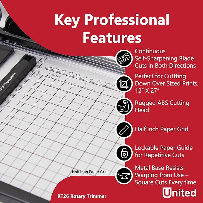 United Office Products RT26 Commercial Rotary Paper Trimmer, Sturdy Metal Base, 26" Cut Length, 15 Sheet Capacity, Paper Cutter for Offices, Schools and Crafts