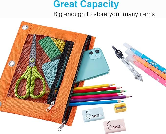 Sooez Pencil Pouch for 3 Ring Binder, 2 Pack Fabric Binder Pouch with 2 Pockets, Pencil Bags with Zipper and Reinforced Grommets, Pencil Cases for Binder