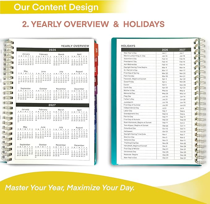 2026 WeeklyMonthlyand Yearly Planning Calendar with 8 Stickers, 6" x 8.25" Planner, Softcover, Spiral Bound, Laminated Labels (Black)