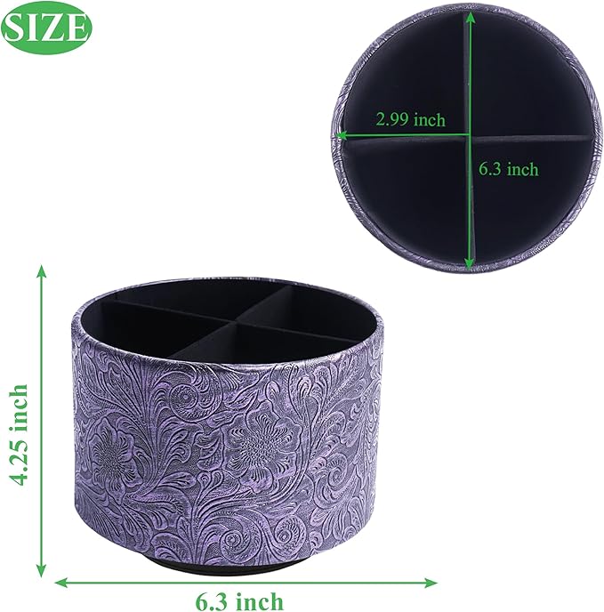 lizimandu Round Leather Art Supply Organizer,Remote Control Holder,360 Degree Spinning,Multi-Functional Pencil Holder,4 Compartments Desktop Stationary Organizer(1-Carved Metal Purple)