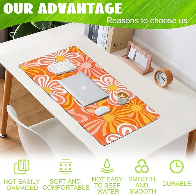 Desk Pad,Hippie Vintage Orange Flowers Desk Mat,Retro Floral Large Gaming Mouse Pad for Desk,Extended Big Computer Keyboard Mouse Pad with Non-Slip Base and Stitched Edge,35.4"x15.7"