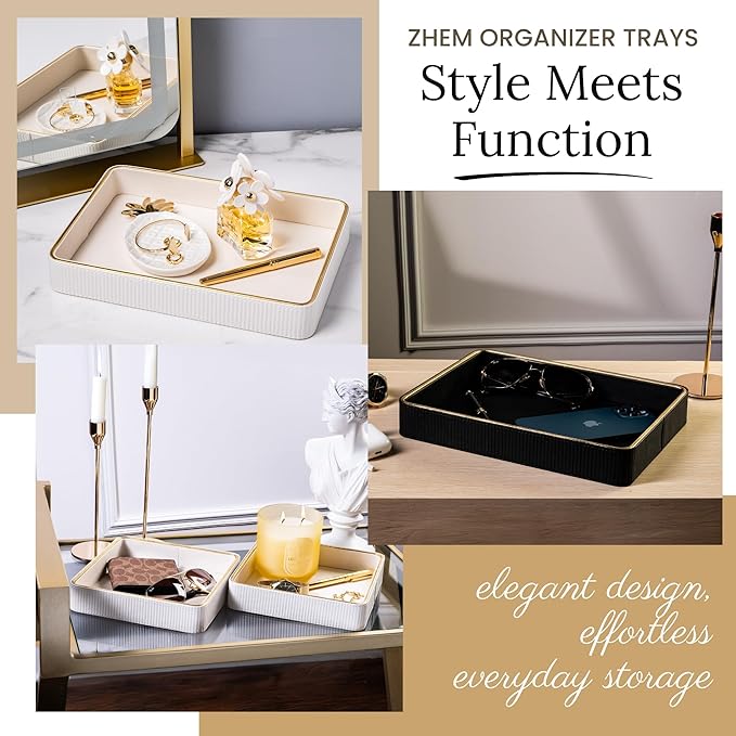 2 Pack White Catch All Trays for Jewelry| Small Leather Valet Tray| Key Bowl for Entryway Table EDC Trinket Tray Catch All| Perfume Trays for Dresser Organizer Perfume Holder (Set of 2)