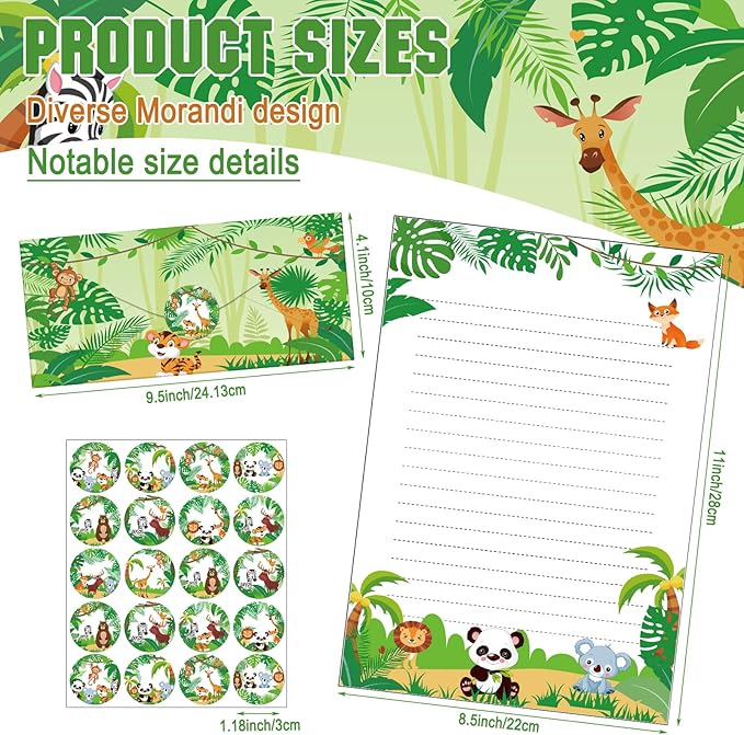 TaoBary 160 Packs Stationery Paper Set (50 Double Sided Stationery Writing Papers 50 Matching Envelopes) 60 Round Dot Sticker, 10 Design(Safari Animal,8.5 x 11 Inch)
