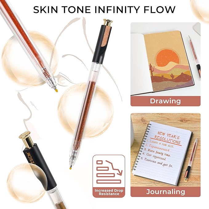 Retractable Glitter Gel Pens, 12 Colors Large Capacity Skin Tone Glitter Metallic Gel Ink Pens, 1 mm Fine Point Smooth Writing Color Pens for Adult Coloring Book Note Taking Aesthetic Art Supplies