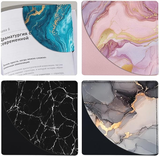 Marble Corner Bookmarks 4 Pcs, Personalized Leather Book Marks, School Book Accessories for Reading Lovers, Fun Page Markers for Women Men Girl Boy Teacher Student Kids Birthday Gifts