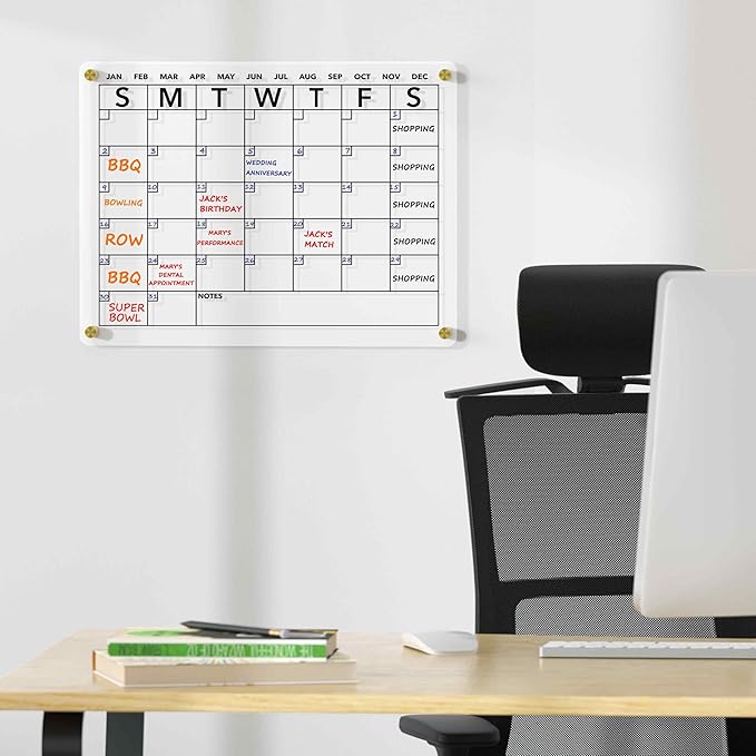 Wall Calendar (Not Magnetic), Clear Acrylic Monthly Planner White Board Dry Erase Whiteboard, w/ 8 Colors Markers, 15"x11"