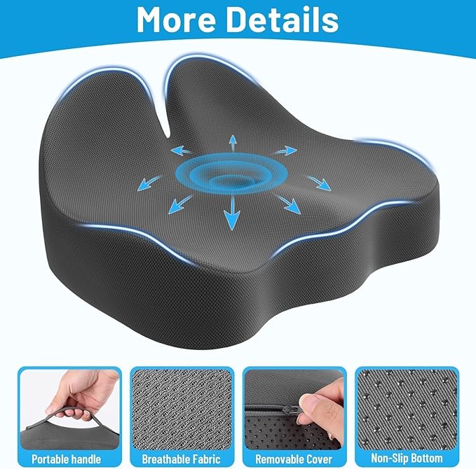 Seat Cushion, Memory Foam Office Chair Cushions, Ergonomic Curved Design for Sciatica, Tailbone, Coccyx, Seat Support for Car, Desk Chair, Wheelchair, Enhances Long Sitting Comfort (Grey)