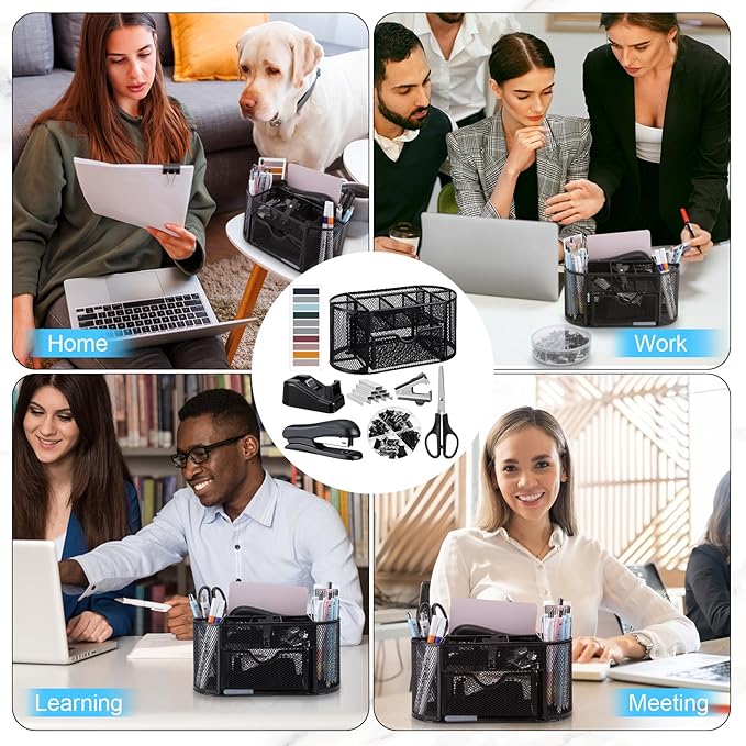 Black Office Desk Accessories Supplies Desk Organizer and Accessories with Mesh Desktop Organizer Stapler 1000 Staples Tape Dispenser Staple Remover Clips Scissors Gifts for Office Clerk