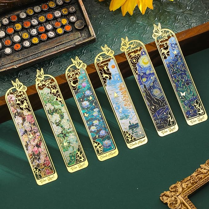 6 Pieces Metal Clip Bookmarks for Women, Golden Hollow Butterfly Bookmark Monet Oil Painting Theme Book Mark Birthday Funny Art Gifts for Book Lovers Writers Readers Children Teens Men