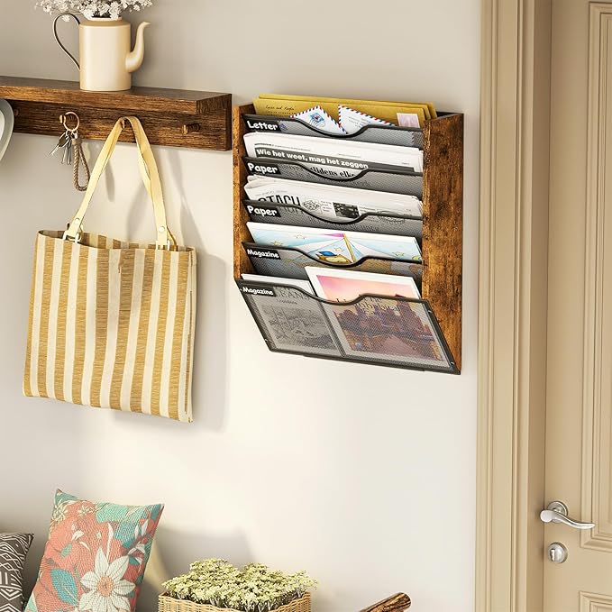 Ironwood Hanging Wall File Organizer, 5 Pocket Mesh Mail Organizer Wall Mounted with Nametag Label, Wall File Holder for Office Home School, Magazine Rack for Mail Paper Document Organization, Black