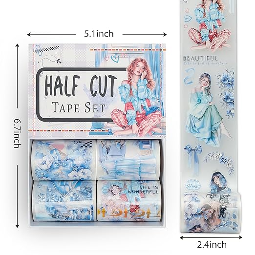 Snycler Pre-Cut Blue Mood Themed PET Washi Tapes - Vintage Aesthetic Tape Stickers for Journaling, Scrapbooking, Junk Journals, Crafts, Planners - 4 Rolls