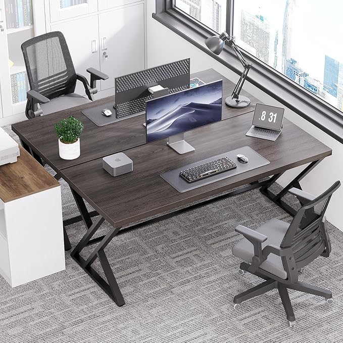 LVB Modern Computer Desk, Industrial Home Office Desk, Metal Wood Writing Study Computer Table for Bedroom, Farmhouse Executive Simple Gaming Work Desk for Student, Dark Gray Oak, 60 Inch