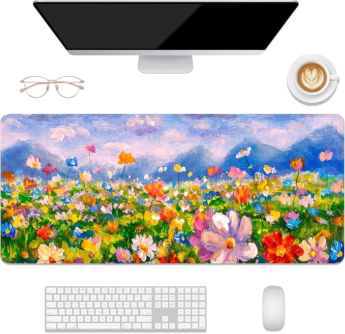 Desk Mat, 32" x 12" XXL Extended Large Gaming Mouse Pad, Desktop Decor Desk Pad, Cute Men Women Office Supplies and Accessories, XL Mouse Mat for Laptop & Keyboard, Oil Painting Flowers