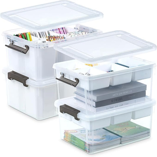 Citylife 17 QT Plastic Storage Box with Removable Tray and 6 Detachable Tall Inserts Craft Organizers and Storage Clear Storage Container for Organizing Crayon, Craft, Sewing, Playdoh, 4 Packs