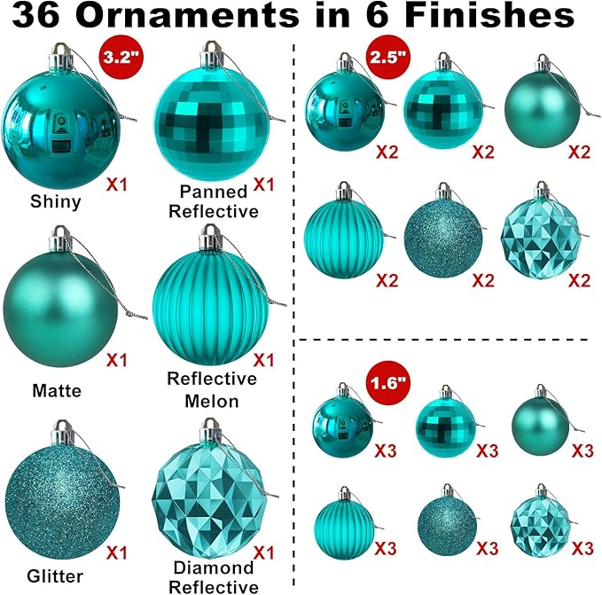 Teal Christmas Ornaments - Christmas Tree Decorations Shatterproof Hanging Balls for Birthday Wedding Holiday Decor Set of 36pcs, Multi-Sizes(1.6",2.5",3.2")