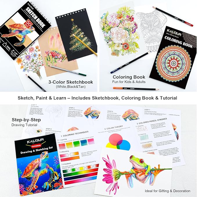 127 Drawing Set Sketching Kit, Pro Art Supplies with 3-Color Sketchbook & Coloring Book, Neon, Colored, Watercolor, Metallic, Graphite, Charcoal Pencils, Gift for Artists Adults Teens