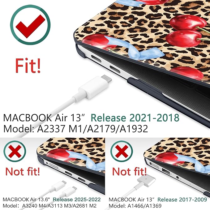DONGKE for MacBook Air 13 Inch Case 2021-2018, Compatible with A2337 M1 A2179 A1932 Support Retina Display & Touch ID, Hard Shell Plastic Cover with Keyboard Skin - Cherry & Leopard