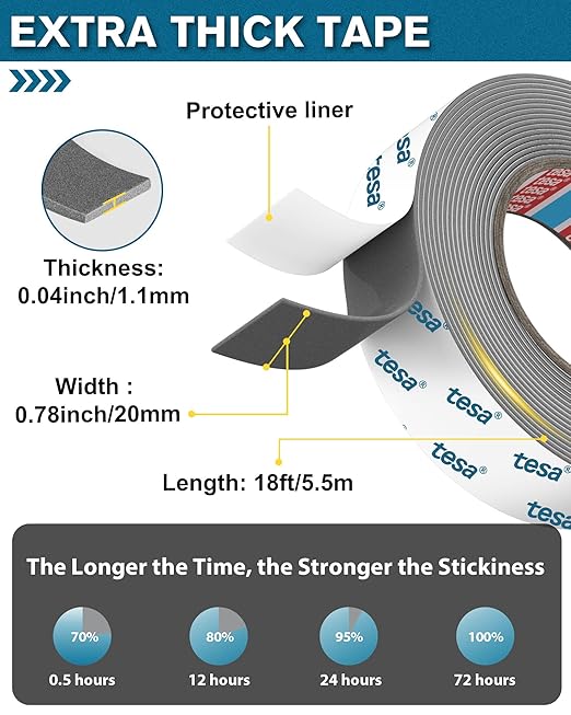 Tesa Double Sided Tape Heavy Duty 0.78in x 18ft 6703, Adhesive Mounting Tape Waterproof, Strong Foam Tape for Walls, Extreme Temp Resistant No Residue Removal Two Sided Tape for Auto, Home, Office