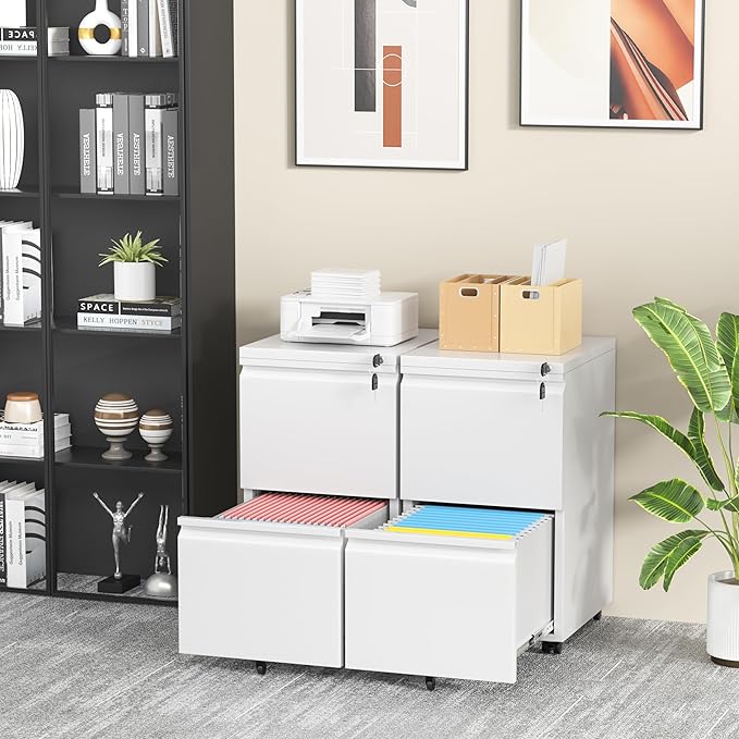 INTERGREAT 2 Drawer File Cabinet, Metal Filling Organizer with Lock, Locking Office Mobile Cabinet with Wheels for Legal/Letter Size, Under Desk, White