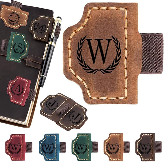Personalized Magnetic Leather Bookmark with Pen Holder - 26 Letters Custom Book Mark with Name Initial Engraved Book Marker for Readers, Book Lovers, Travelers - Gift for Women & Men(Light Brown，W
