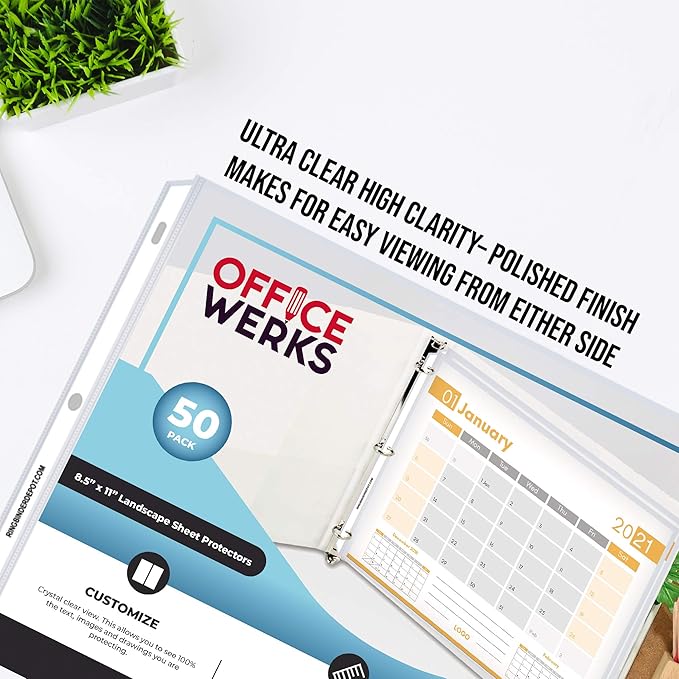 Performore 50 Sheet Protectors, Landscape Clear Sheet Protectors 8.5 X 11 Inch for 3 Ring Binder, Plastic Sheet Sleeves, Top Loading with 3 Hole-Punched Archival Safe, Non-Stick and Long-Lasting