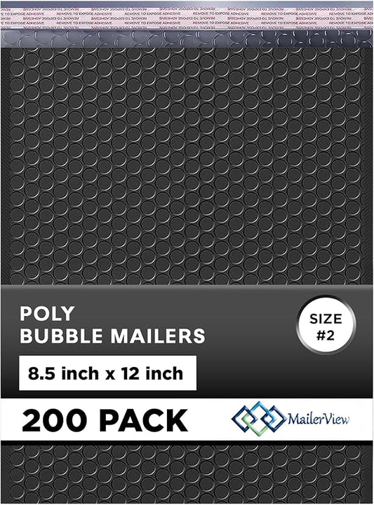 Black Poly Bubble Mailers 8.5x12 inch #2 | Self Seal Padded Envelopes | Cushioned Bubble Mailer | Usable Size 8.5x11 | WaterProof | Lightweight mailing Shipping Bags | 200 Pack Bulk