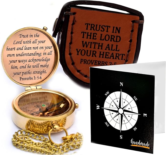 Trust in The Lord With All Your Heart - Proverbs 3:5-6 Quote Engraved Compass With Wooden Box, Greeting Card, Gift Compass, Graduation Day Gifts 2024 for Women Men Boys Girls