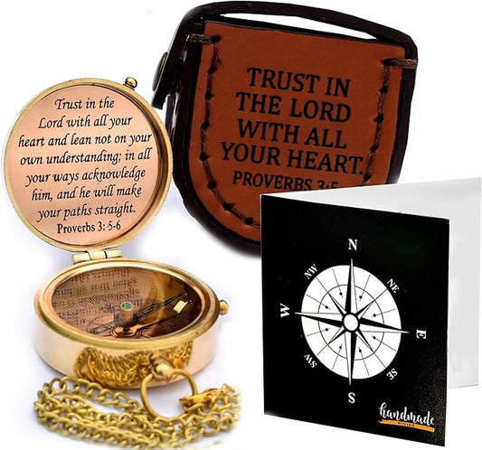 Trust in The Lord With All Your Heart - Proverbs 3:5-6 Quote Engraved Compass With Wooden Box, Greeting Card, Gift Compass, Graduation Day Gifts 2024 for Women Men Boys Girls