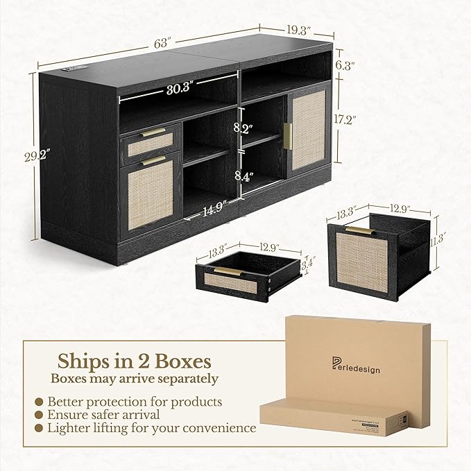 2 Drawer File Cabinet with Lock, 63'' Wood Lateral File Cabinet, Compatible Letter and A4 Size, Rattan Filing Cabinet for Home Office with AC/USB, Adjustable Storage Shelves, Black