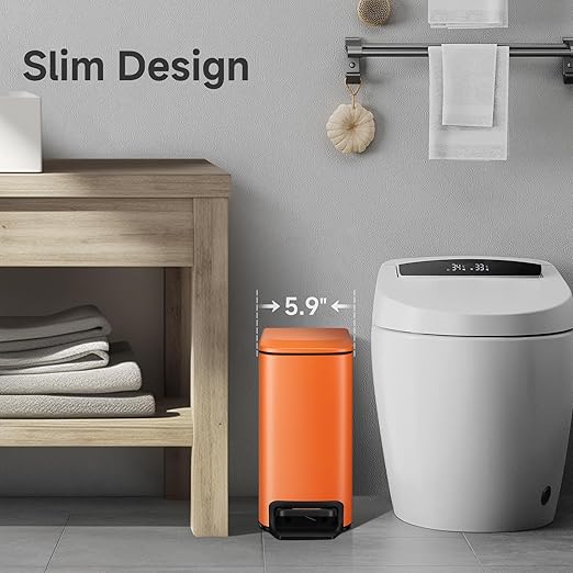 TIPGO Small Bathroom Trash Can with Lid Soft Close, 6 Liter / 1.6 Gallon Stainless Steel Garbage Can with Removable Inner Bucket, Step Pedal, Slim Trash Cans for Bedroom, Office, Kitchen (Orange)