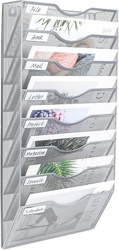 PAG Hanging Wall File Holder Organizer Mail Sorter Literature Rack for Office, 8 Pockets, Silver
