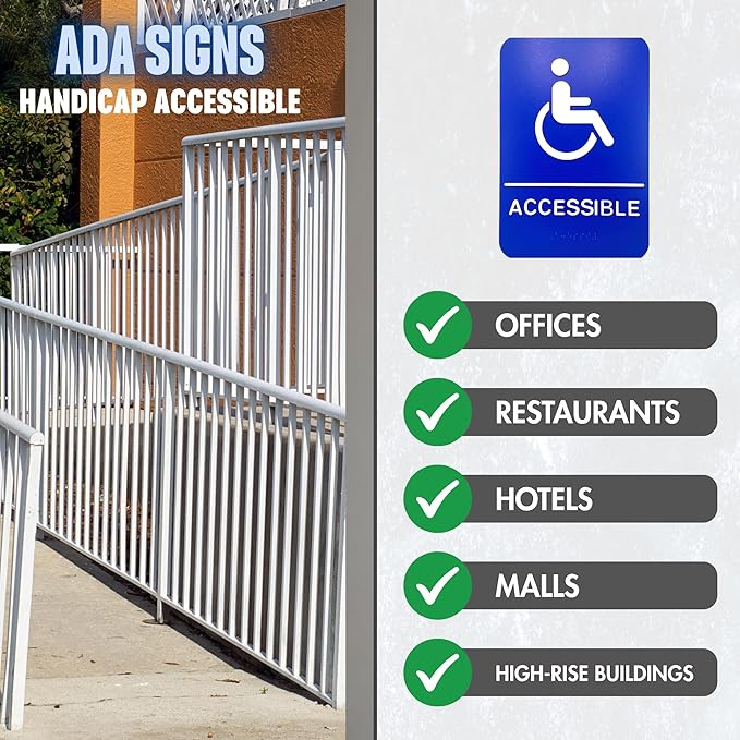 ADA Handicap Accessible Compliant Sign with Braille Sign w/Adhesive Back - Durable and Wipe Clean Plastic - 9"X6" - Blue and White - Business Restaurant Signage - 12 PK