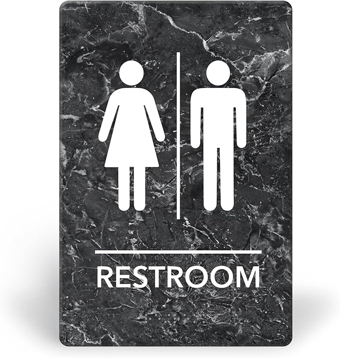 Promot Unisex Bathroom Sign – ADA Braille Restroom Sign for Business, Self-Adhesive, 9" x 6", Commercial Door Signage, Office Wall Decor - Marble Charcoal