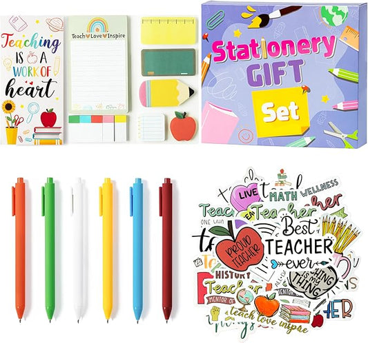 Xqumoi 3 Pack Teacher Sticky Notes with Pen Stickers Stationery Set Black Gel Ballpoint Pens Teacher Self-Stick Notes Pads Rainbow Apple Vinyl Stickers Back to School Office Supplies Gift with Box