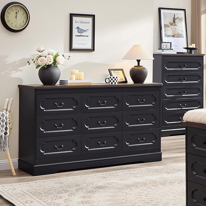 LIDYUK 9 Drawer Dresser for Bedroom Farmhouse Black Tall Wood Chest of Drawers for Bedroom Dresser, Modern Rustic 59" Wide Drawers Dressers Wooden Closet and Storage Cabinet, Hallway, Living Room